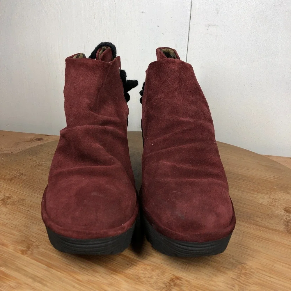Fly London Shoes 39 Womens 8 Yebi Ankle Boots Red Suede Tie Casual Wedge